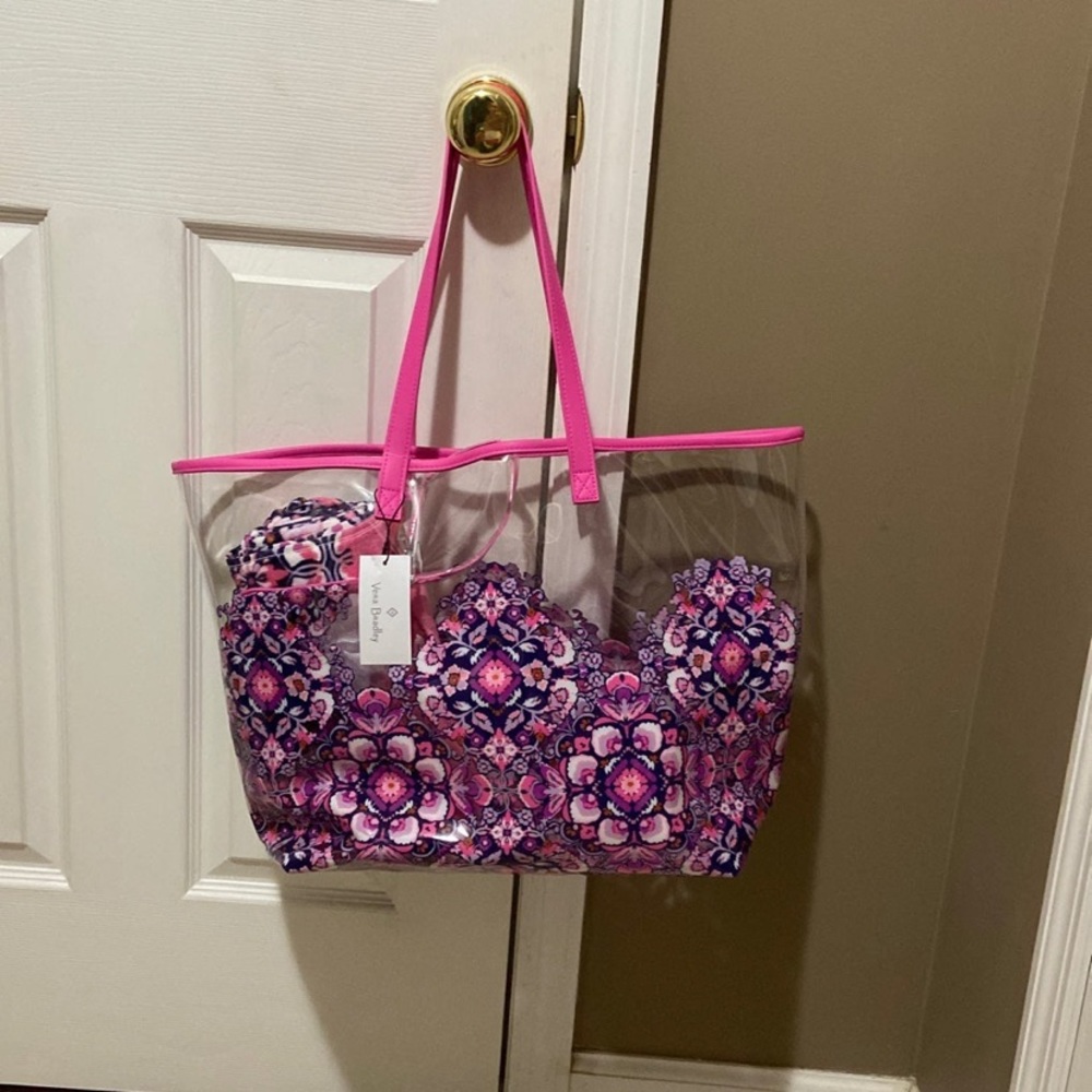 NEW VB beach bag w small zip bag and towel in Magenta Medallion pattern